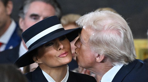 US President-elect Donald Trump kisses Melania Trump as he arrives for the inauguration ceremony before he is sworn in as the 47th US President in the US Capitol Rotunda in Washington, DC, USA on January 20, 2025. Photo by SAUL LOEB/POOL/ABACAPRESS.COM P