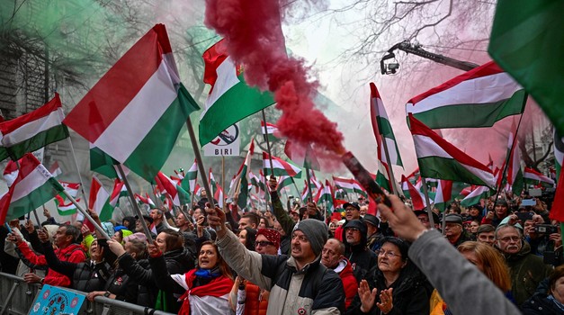 People attend the demonstration of opposition TISZA party during Hungary's National Day celebrations, which also commemorate the 1848 Hungarian Revolution against the Habsburg monarchy, in Budapest, Hungary, March 15, 2025. REUTERS/Marton Monus Photo: MARTON MONUS/REUTERS